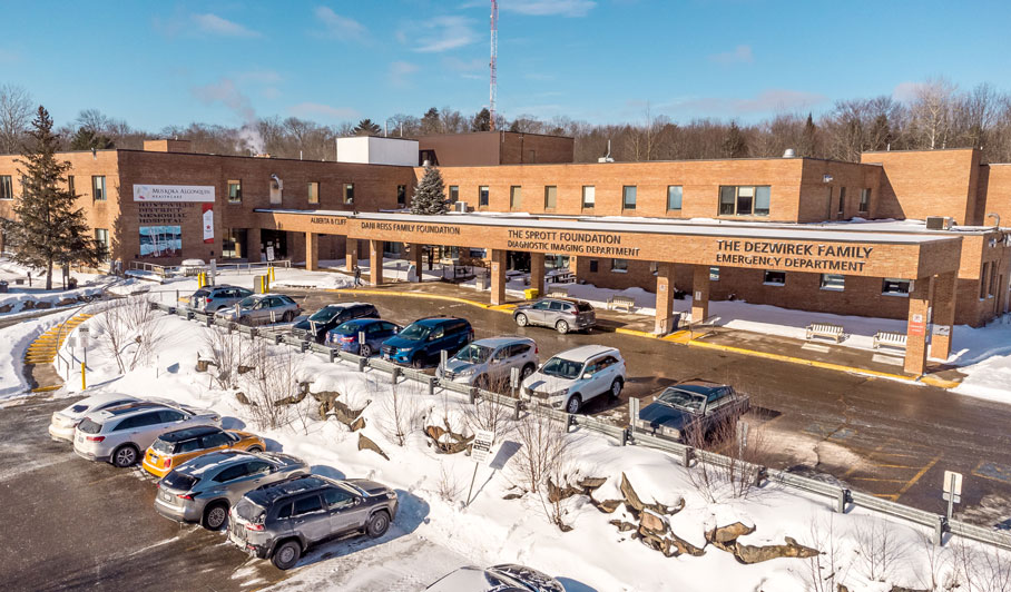 an aerial photo of Huntsville District Memorial Hospital in the winter